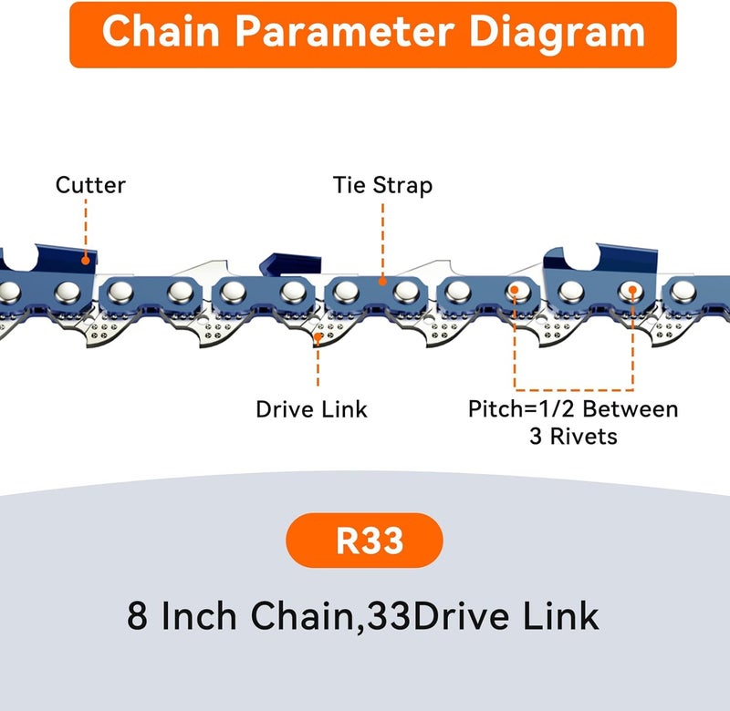 NEO-TEC 8 Inch Chainsaw Chain, 3/8"LP Pitch,0.043" Gauge 33 Drive Links R33 Chain Compatible with Makita Homelite 43160 Worx 349 Milwaukee 3004-20 4361 and more（3chains） - Image 2